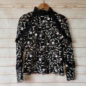 Self-Portrait Lace and Ruffle Neck/Long Sleeve Top/Blouse